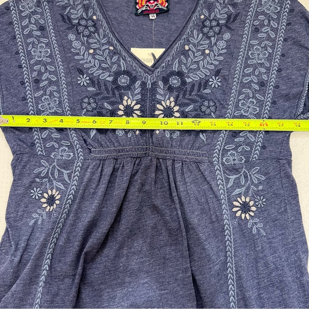 NEW Johnny Was Lei Lei Smocked Tier Dress Embroidered V-Neck Navy Blue Medium - Picture 12 of 13